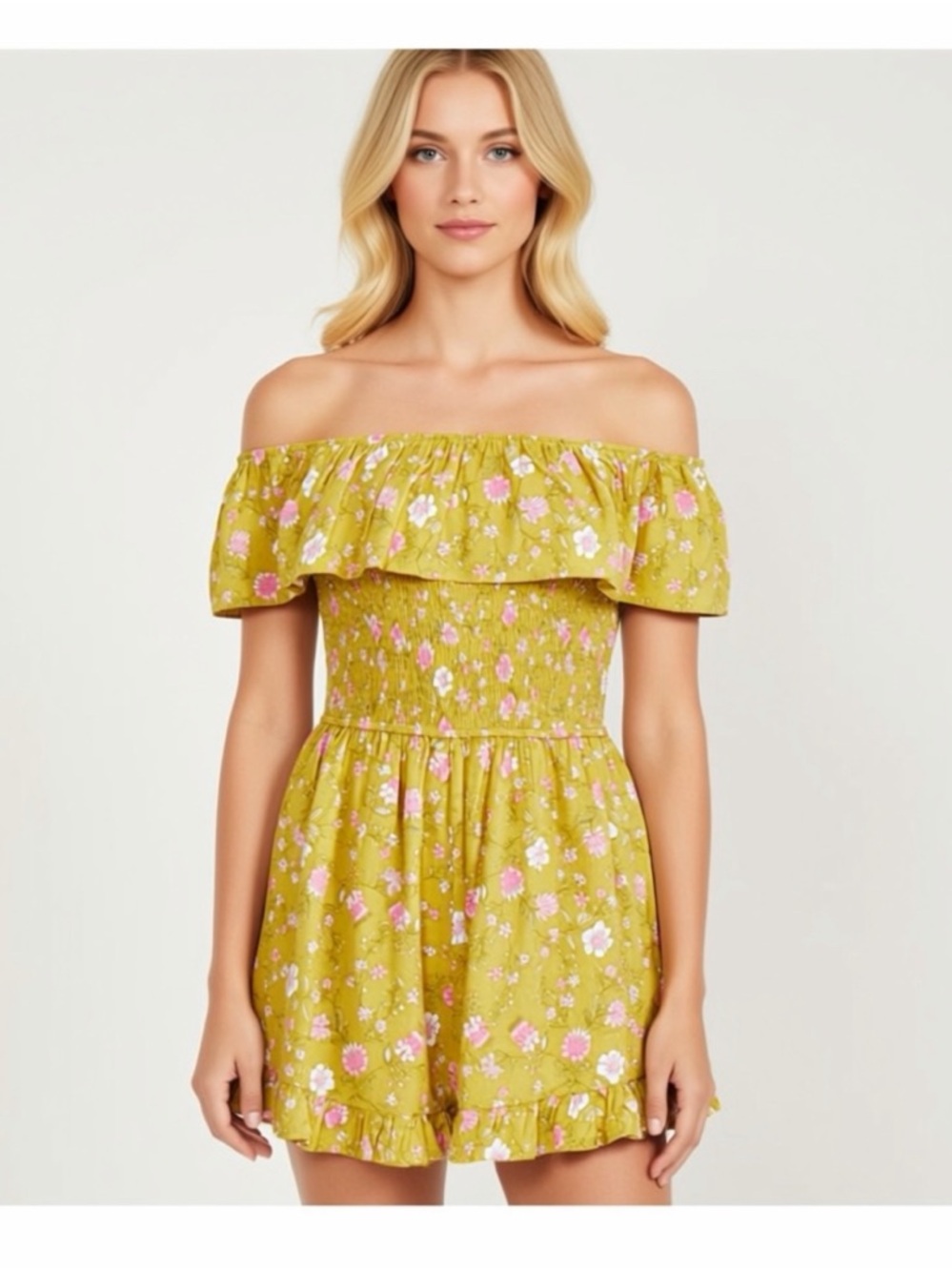 Off shoulder green floral mini sexy romper